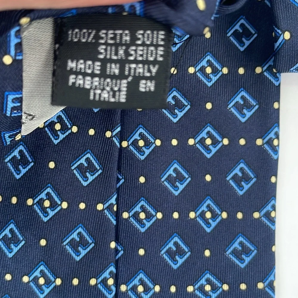 Fendi Cravatte Silk Tie Navy Blue with Light Blue Fendi Logo Yellow Dots